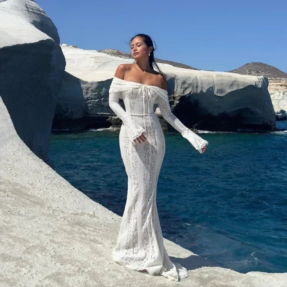 Women’s Lace Evening Gown – Long Sleeve Elegant Party Dress