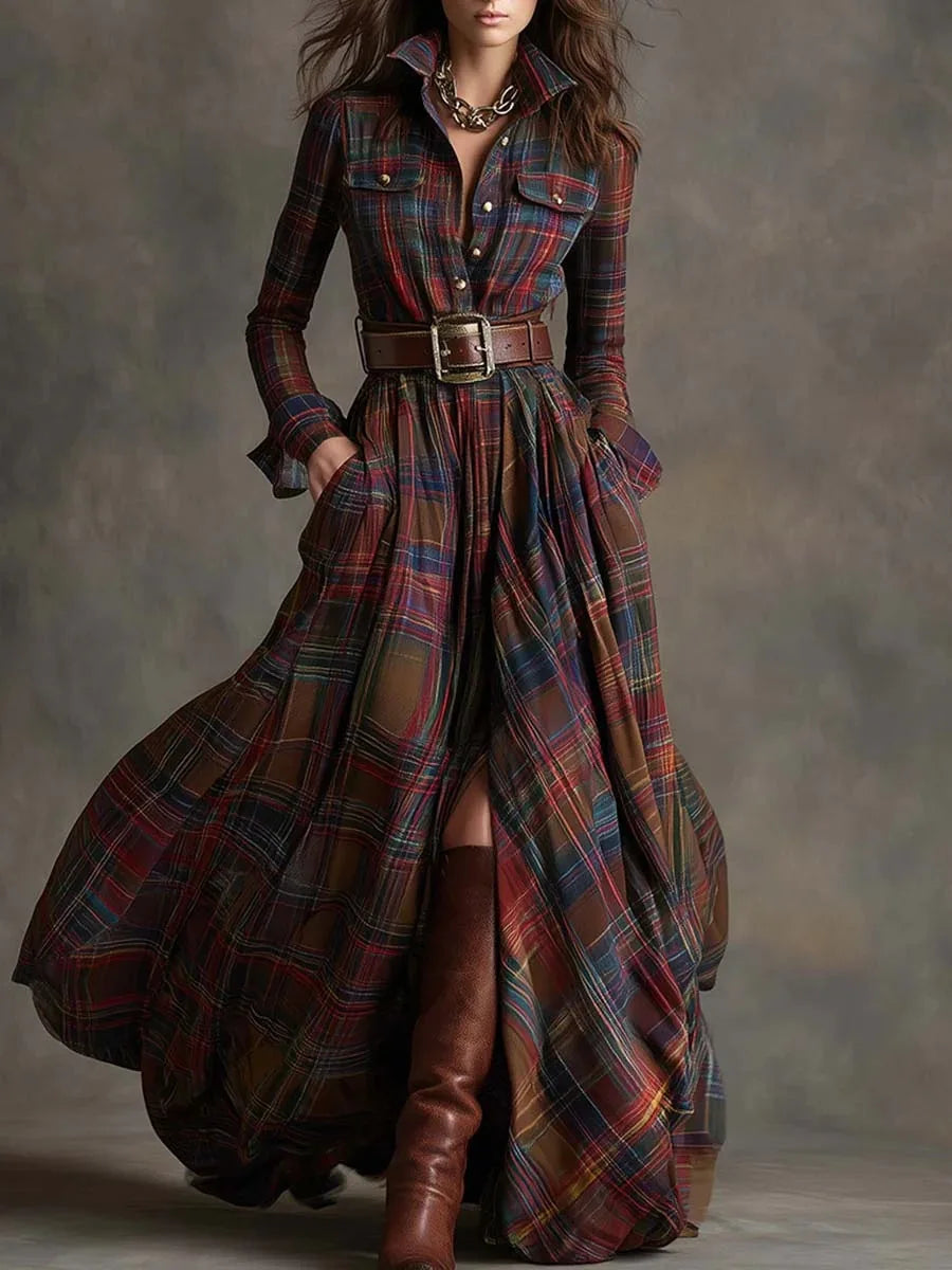 Owner Girl Plaid Long Dress 👗 | Trendy A-Line Button Style Women’s Wear