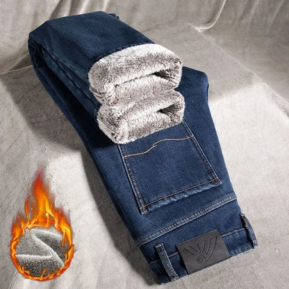 🔥 Men’s Winter Fleece Jeans – Slim Fit Business Casual Denim Pants