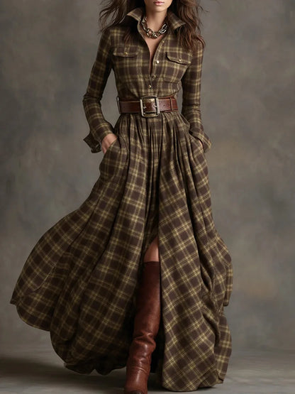 Owner Girl Plaid Long Dress 👗 | Trendy A-Line Button Style Women’s Wear