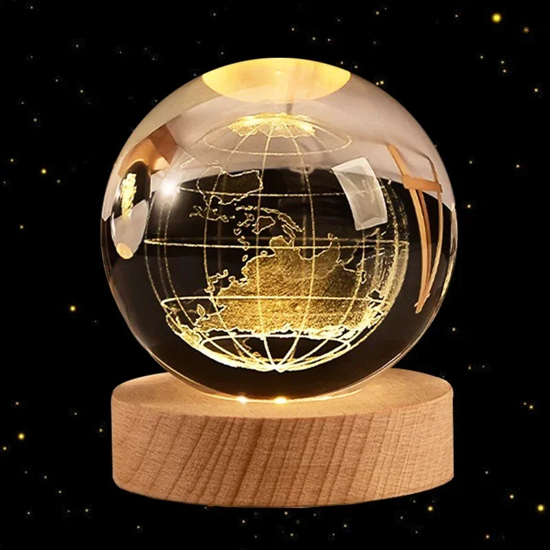 6cm 3D Crystal Ball Planet Earth with Wooden Base
