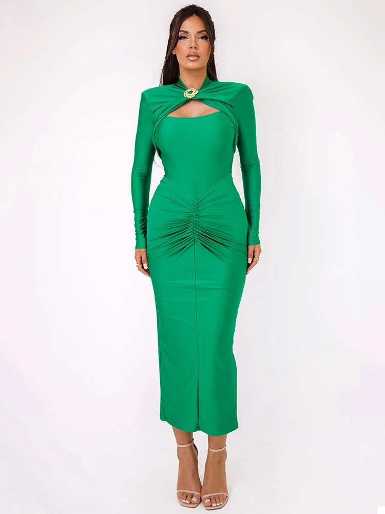 🔥 Hollow Out Maxi Dress – Metal Buckle Ruched Slit Gown