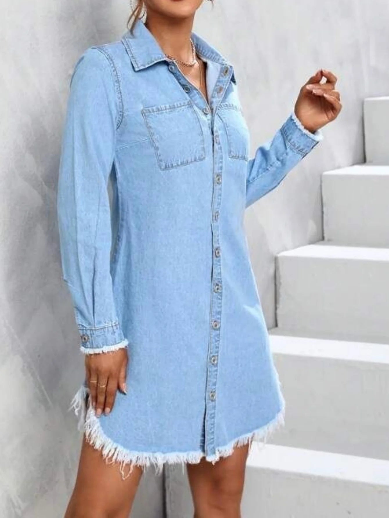 Blue Denim Long Sleeve Loose Fit Casual Shirt Dress for Women
