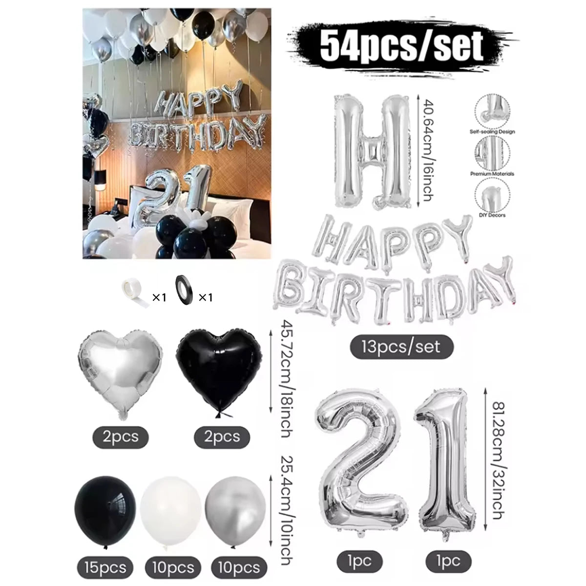 Black & White Balloon Decoration Set with Silver Banner (30/54pcs)