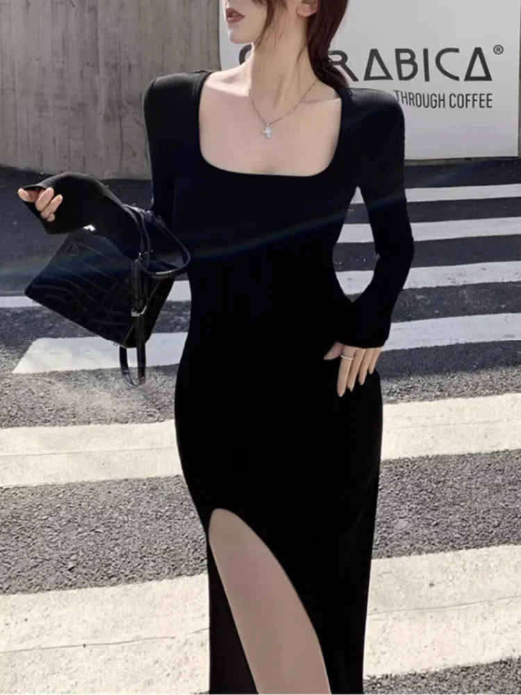 Women’s Side Slit Bodycon Dress – Long Sleeve Wrap Hip Gown