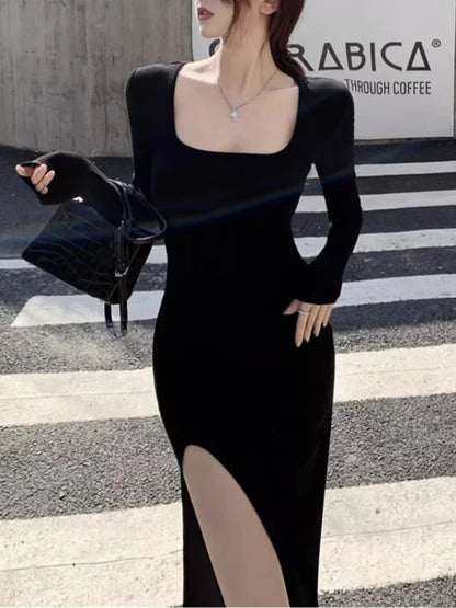 Women’s Side Slit Bodycon Dress – Long Sleeve Wrap Hip Gown