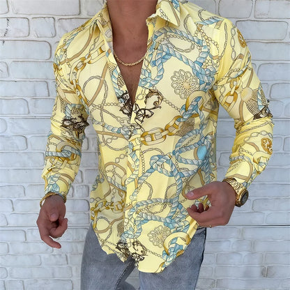 Men’s Luxury Chain Print Slim Fit Long Sleeve Shirt