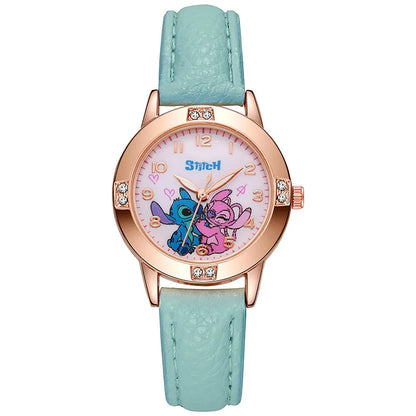 Girls Cartoon Watch – Leather Strap Kids Rhinestone Dial