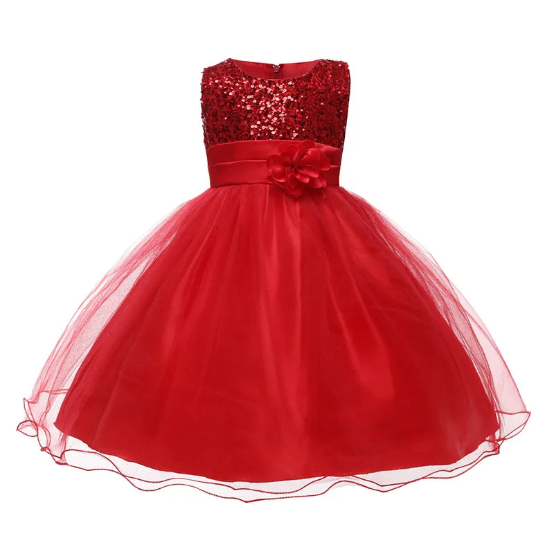 Girls Flower Sequin Princess Party Dress