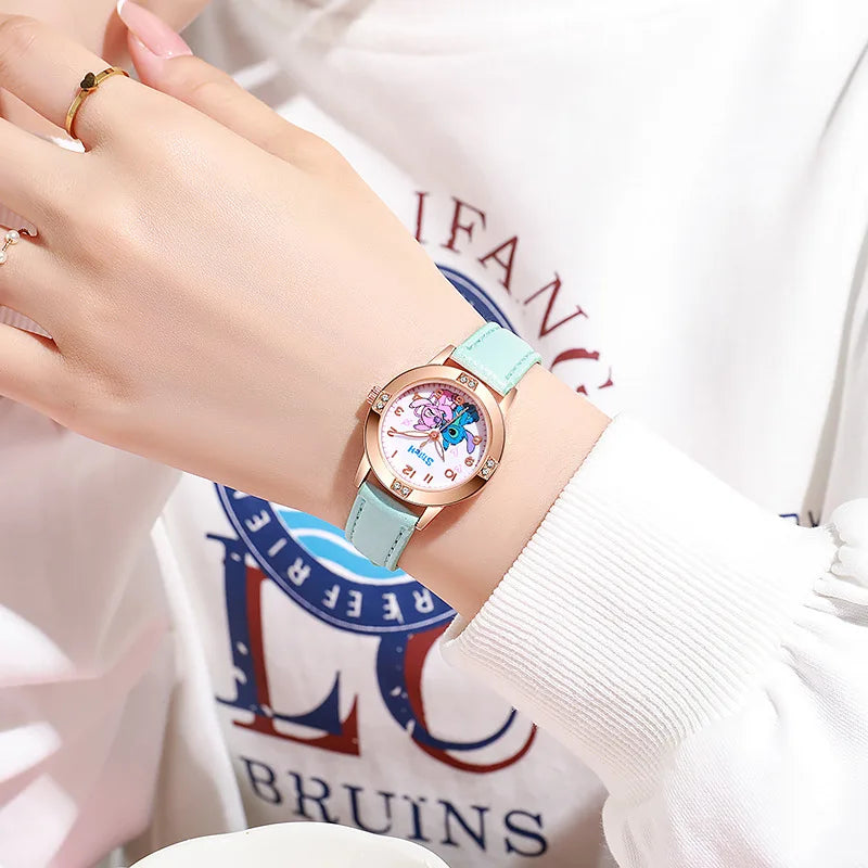Girls Cartoon Watch – Leather Strap Kids Rhinestone Dial