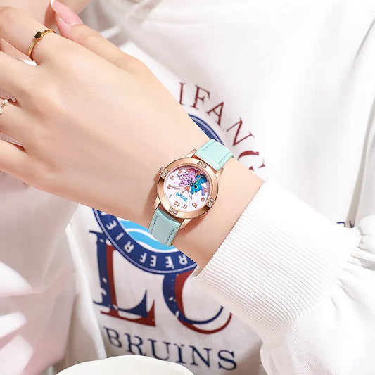 Girls Cartoon Watch – Leather Strap Kids Rhinestone Dial