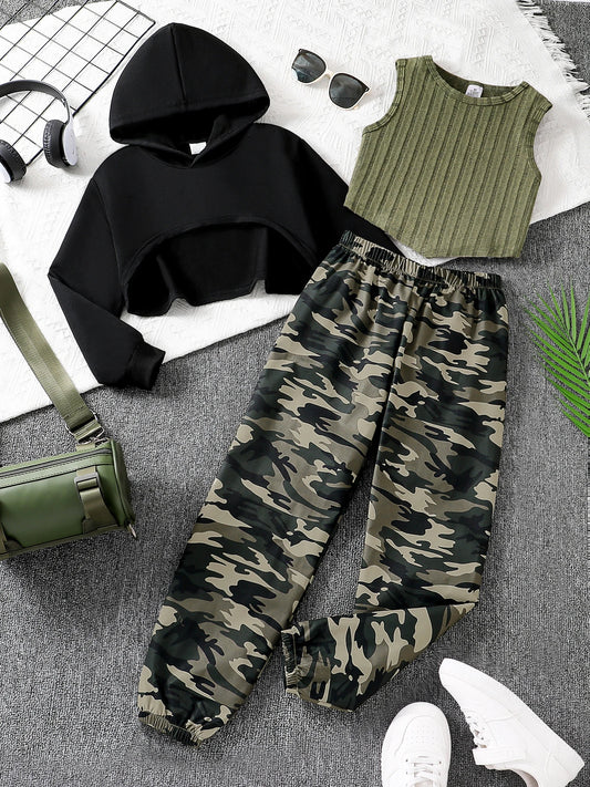 Premium Girls 3-Piece Hoodie & Camo Pants Set