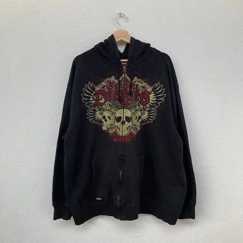 🔥 Men’s Skull Print Zip Up Hoodie – Black & Red Streetwear