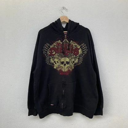 🔥 Men’s Skull Print Zip Up Hoodie – Black & Red Streetwear