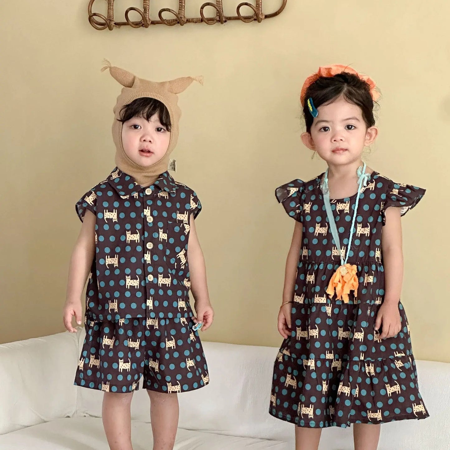 👧👦 Matching Sibling Summer Set – Girls Dress & Boys Cartoon Shirt