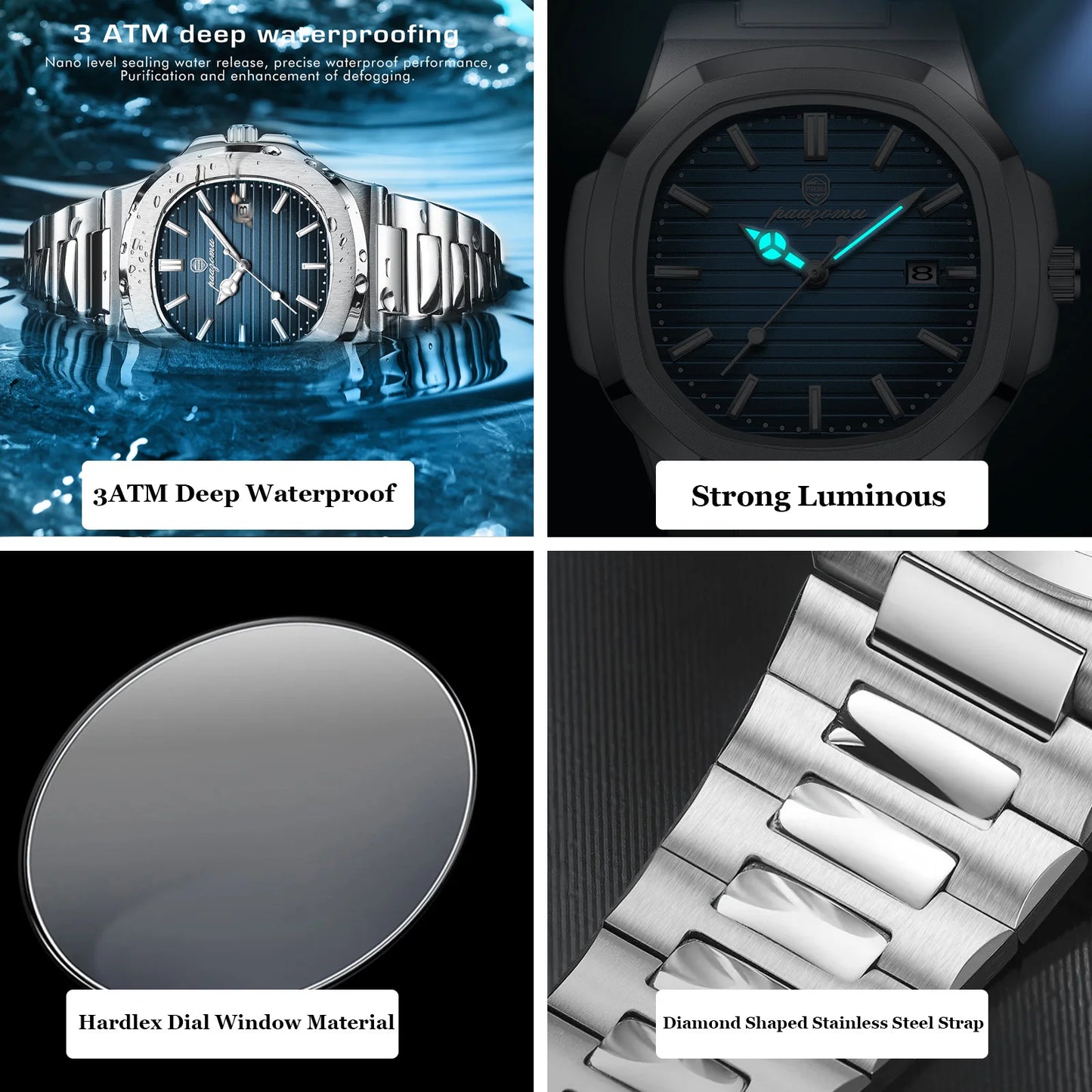 Men’s Square Quartz Watch – Stainless Steel Waterproof Wristwatch