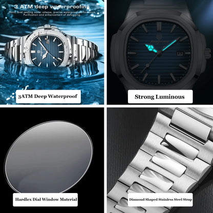 Men’s Square Quartz Watch – Stainless Steel Waterproof Wristwatch