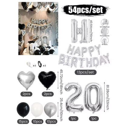 Black & White Balloon Decoration Set with Silver Banner (30/54pcs)