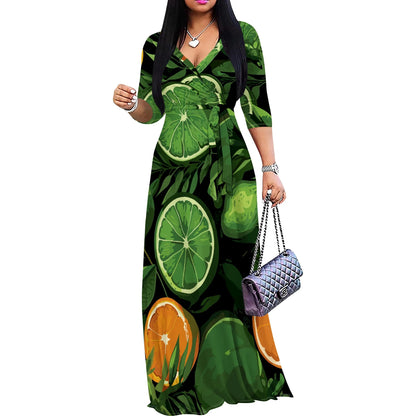 Women’s Floral Print Maxi Dress – V-Neck 3/4 Sleeve Summer Gown