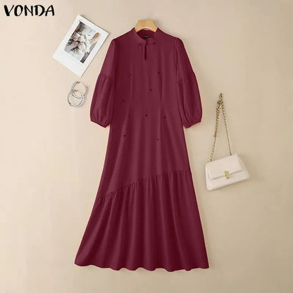 Women’s Printed Maxi Dress – Stand Collar Lantern Sleeve