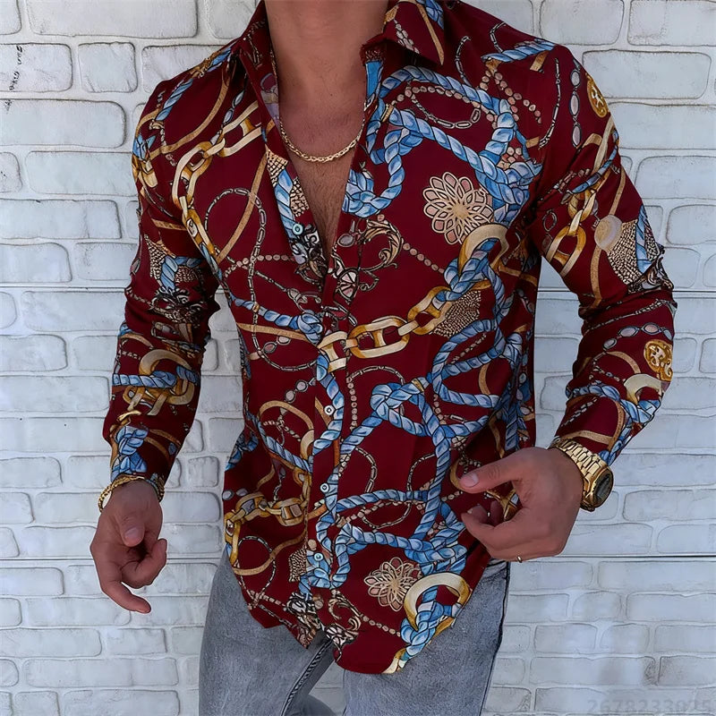 Men’s Luxury Chain Print Slim Fit Long Sleeve Shirt