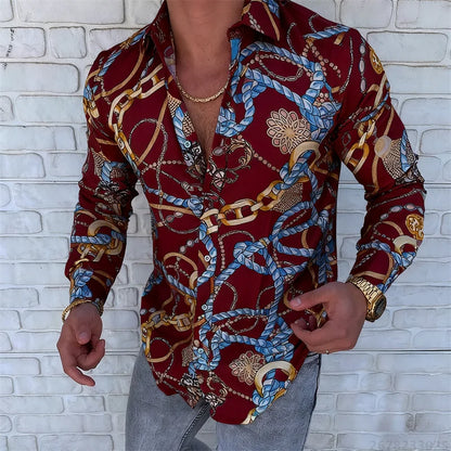 Men’s Luxury Chain Print Slim Fit Long Sleeve Shirt