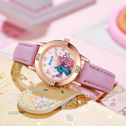 Girls Cartoon Watch – Leather Strap Kids Rhinestone Dial