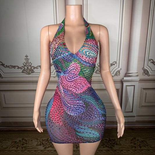 Women’s Patchwork Mini Dress – V-Neck Geometric Bodycon