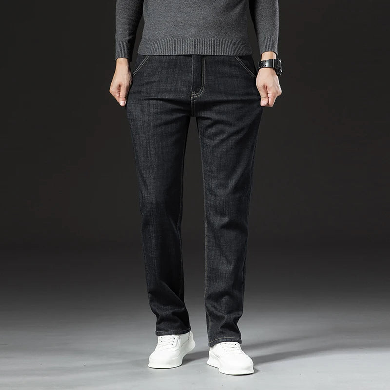 🔥 Men’s Winter Fleece Straight Jeans – High Waist Warm Denim