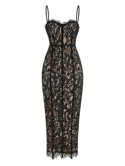 Women’s Lace Spaghetti Strap Maxi Dress – V-Neck Bodycon Gown