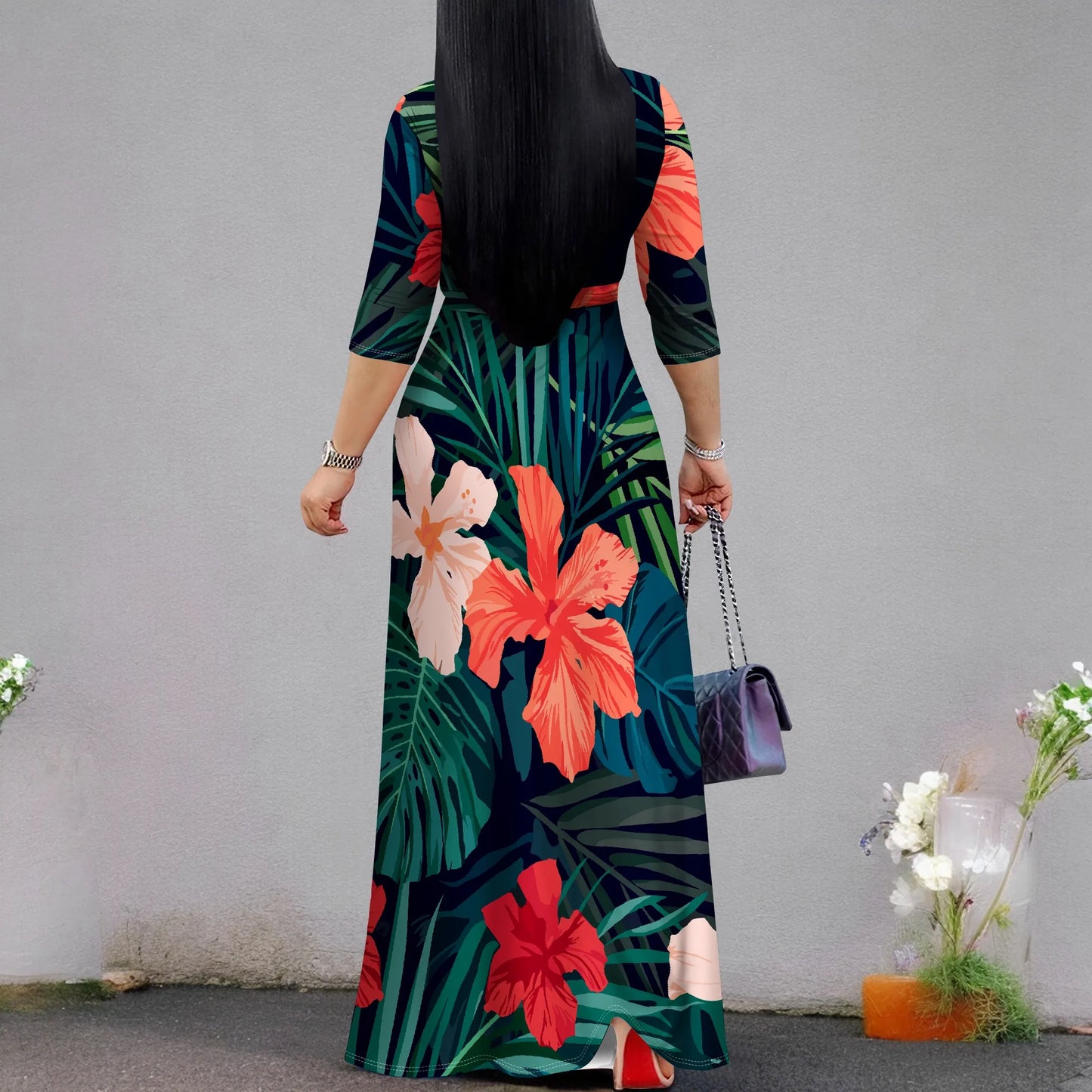 Women’s Floral Print Maxi Dress – V-Neck 3/4 Sleeve Summer Gown