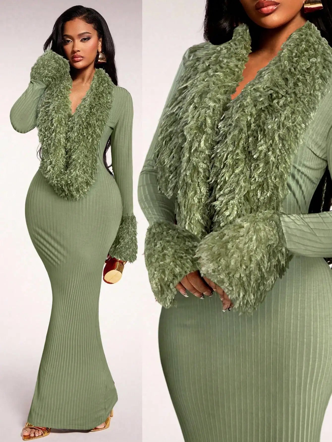 🍷 Burgundy Faux Fur Mermaid Maxi Dress – Elegant Evening Party Wear