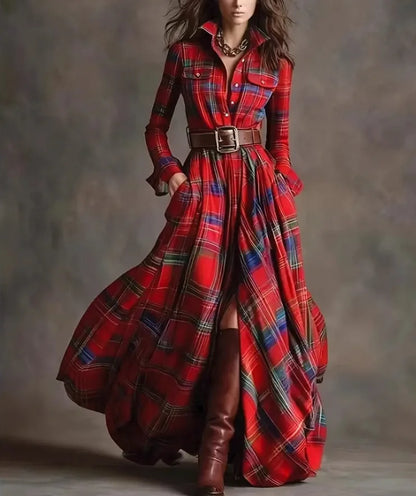 Owner Girl Plaid Long Dress 👗 | Trendy A-Line Button Style Women’s Wear
