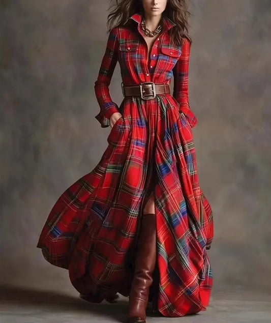 Owner Girl Plaid Long Dress 👗 | Trendy A-Line Button Style Women’s Wear