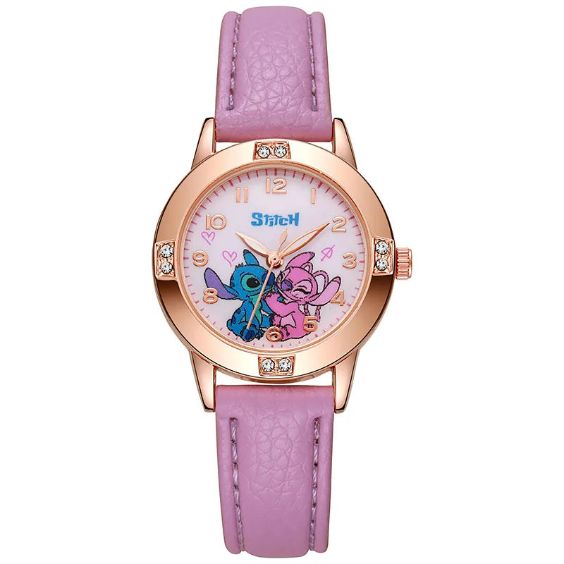 Girls Cartoon Watch – Leather Strap Kids Rhinestone Dial