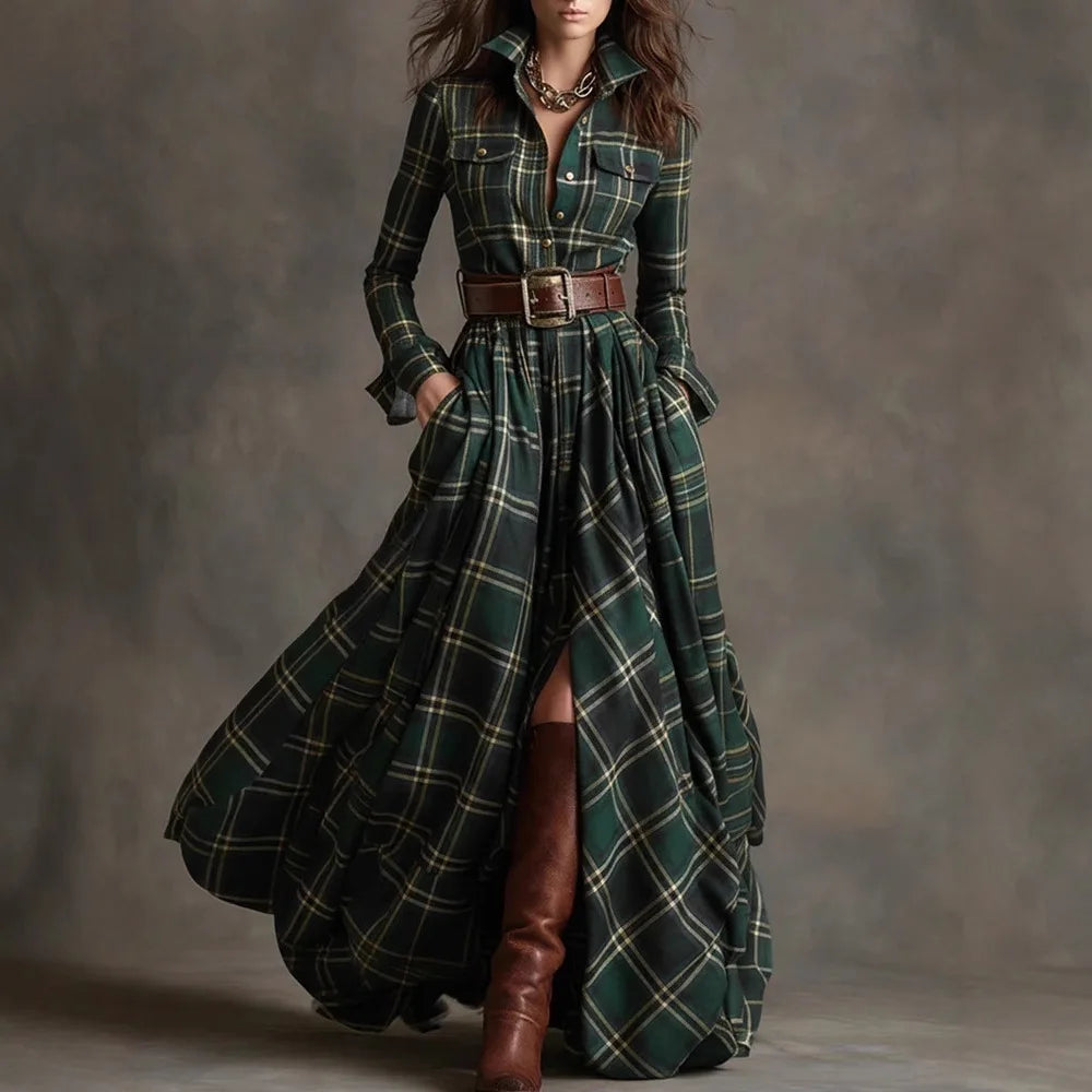 Owner Girl Plaid Long Dress 👗 | Trendy A-Line Button Style Women’s Wear