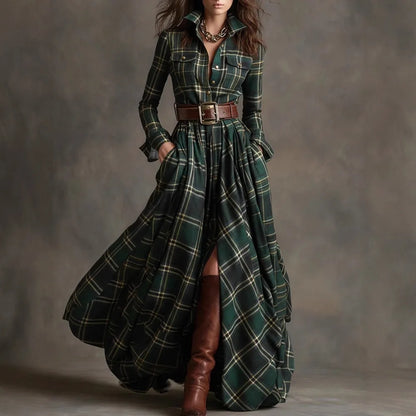 Owner Girl Plaid Long Dress 👗 | Trendy A-Line Button Style Women’s Wear