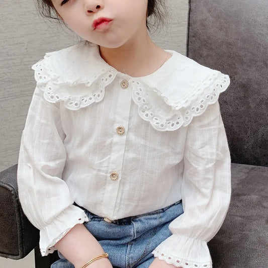 🤍 Girls Lace Collar Long Sleeve Top – Korean Style Autumn Shirt (2-8Y)
