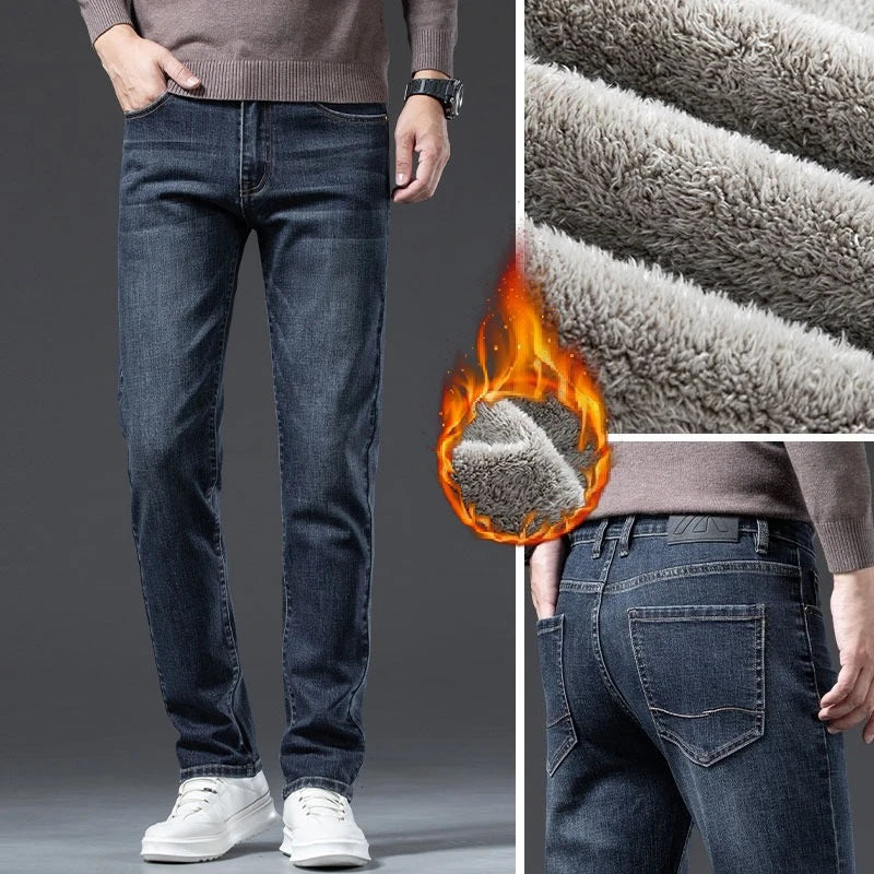 🔥 Men’s Winter Fleece Jeans – Slim Fit Business Casual Denim Pants