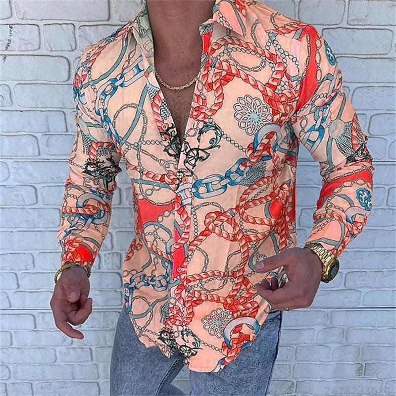 Men’s Luxury Chain Print Slim Fit Long Sleeve Shirt