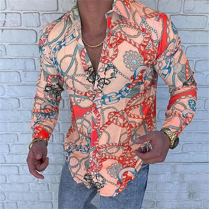 Men’s Luxury Chain Print Slim Fit Long Sleeve Shirt