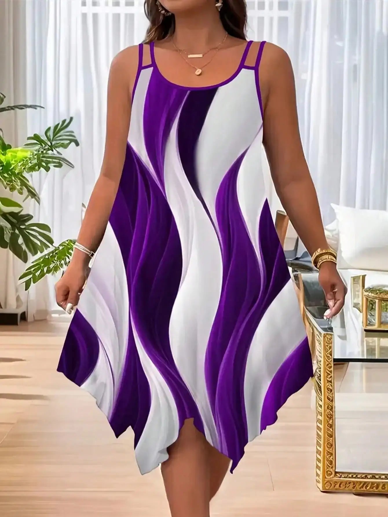 ✨ Plus Size Geometric Striped Dress – Double Strap Asymmetrical Style