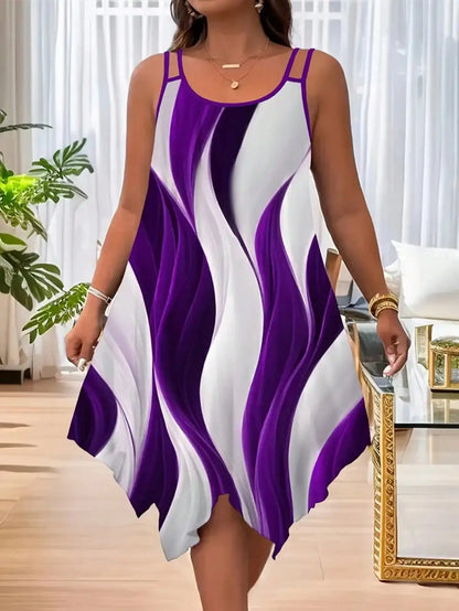 ✨ Plus Size Geometric Striped Dress – Double Strap Asymmetrical Style