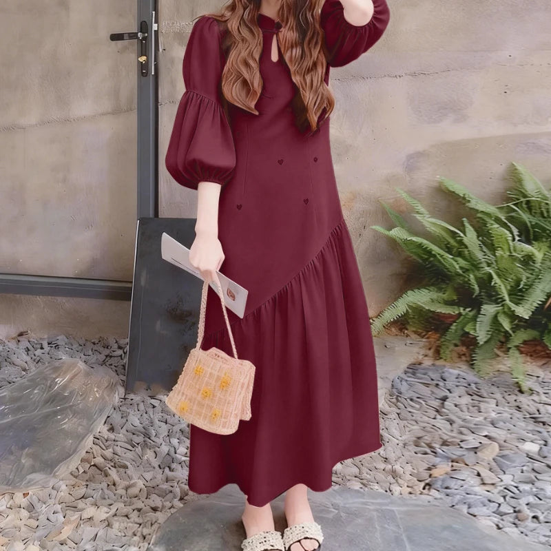 Women’s Printed Maxi Dress – Stand Collar Lantern Sleeve