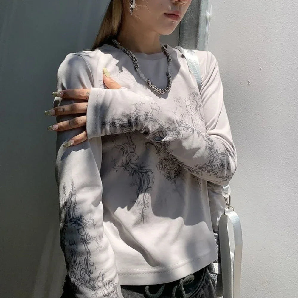 🖤 Y2K Vintage Long Sleeve T-Shirt – Women’s O-Neck Printed Crop Top