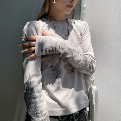 🖤 Y2K Vintage Long Sleeve T-Shirt – Women’s O-Neck Printed Crop Top