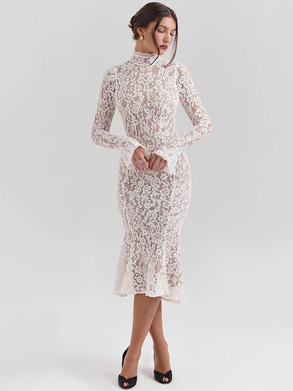 Women’s Mesh Bodycon Midi Dress – High Neck Long Sleeve