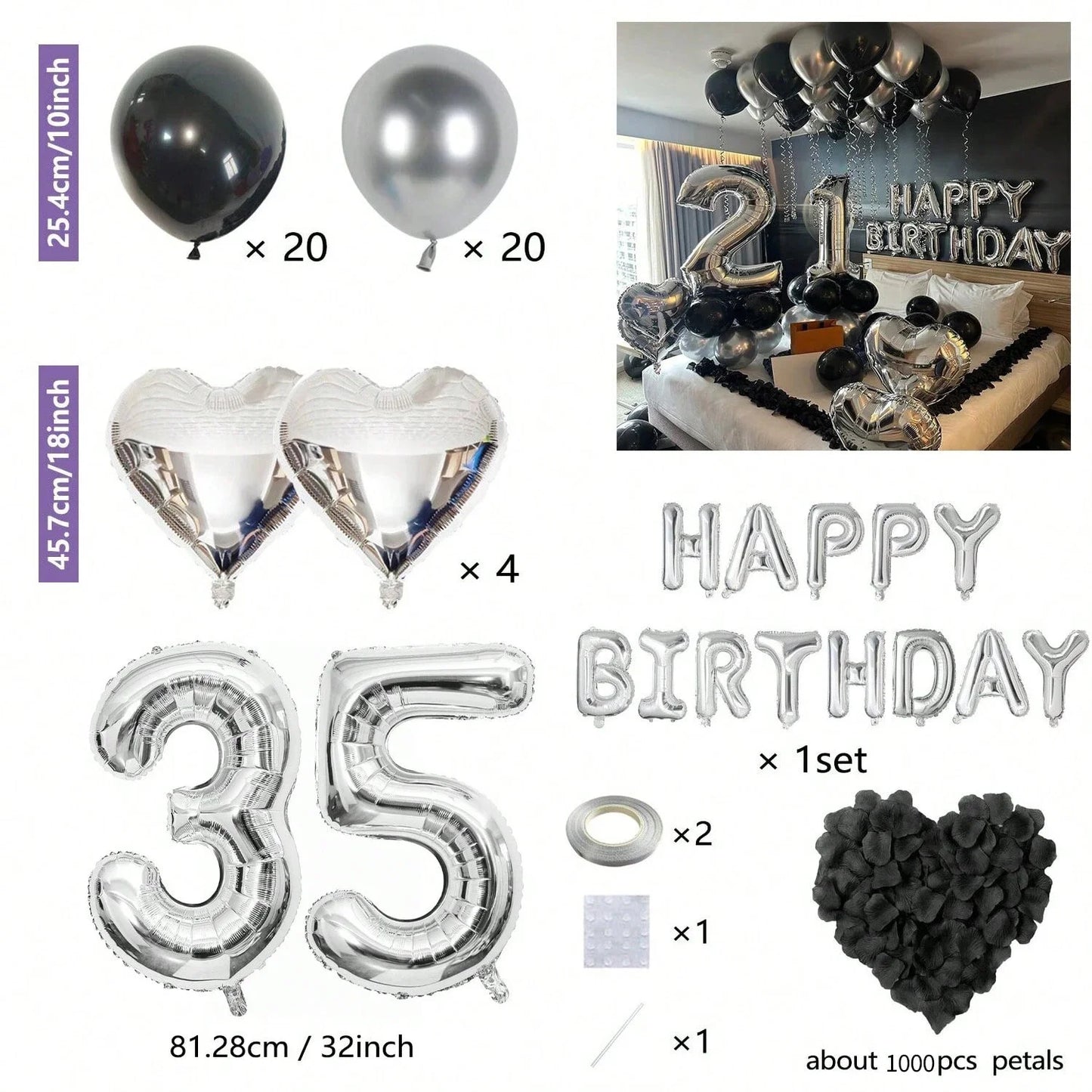 Black & Silver Birthday Balloon Decoration Set – 1050pcs Party Kit