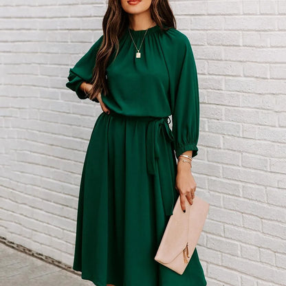 ✨ Women’s Belted A-Line Midi Dress – Long Sleeve Office Outfit