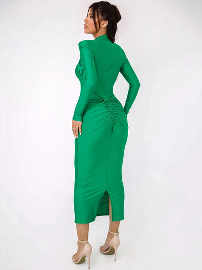 🔥 Hollow Out Maxi Dress – Metal Buckle Ruched Slit Gown